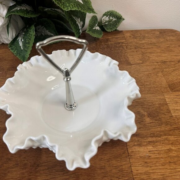 Fenton Hobnail Milk Glass‎ Sandwich Tray Tidbit Server Ruffled Edge Handle - Picture 3 of 6